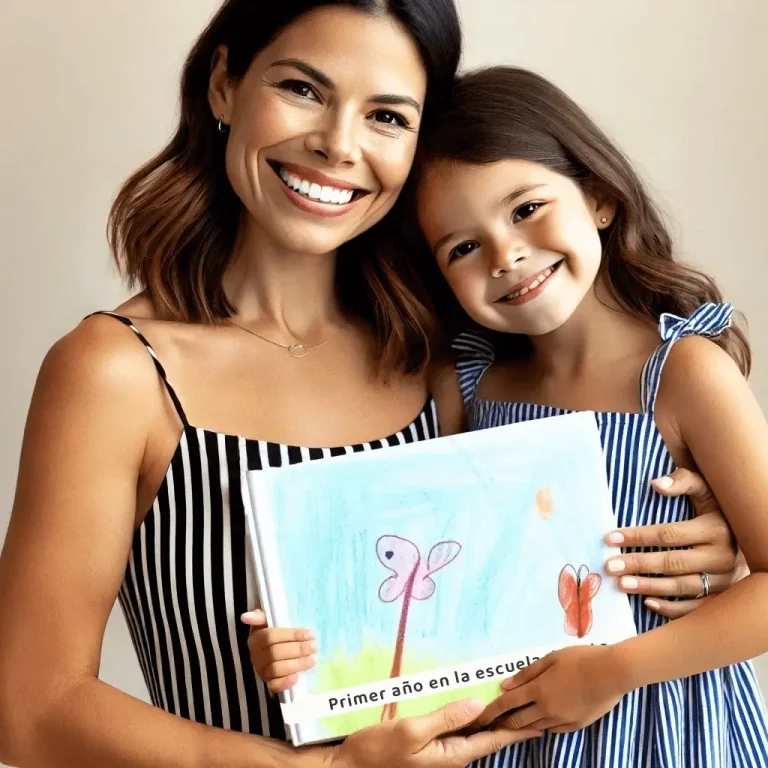 Madre e hija sonriendo con su Libro de Arte